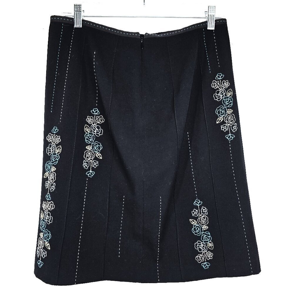 Vintage Y2K Ann Taylor Black Floral Embroidered A Line Mini Skirt Knee Length